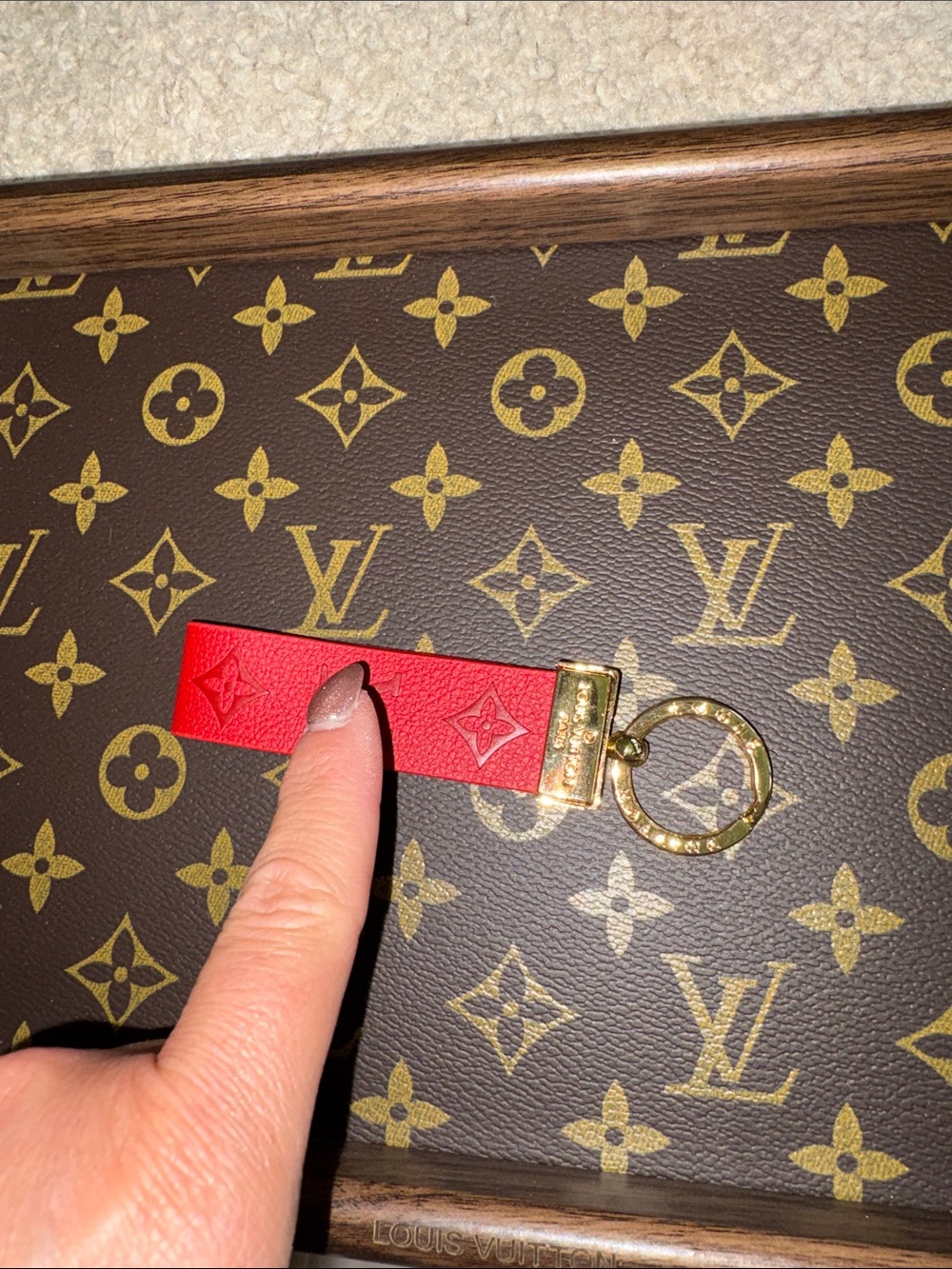 Designer Inspired Red Monogram Faux Leather Key Strap with Gold Ring